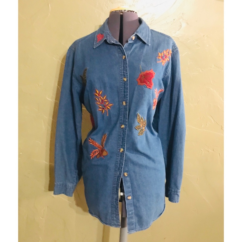 Jean Button Up Shirt with Leaves